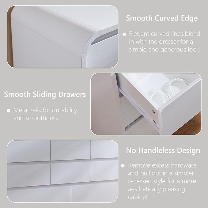 Modern 8 Drawers Dresser for Bedroom, 55" Wide Dressers & Chest of Drawers w/Curved Profile Design, Wood Mid Century Storage Dressers Organizer for Bedroom, Living Room, White