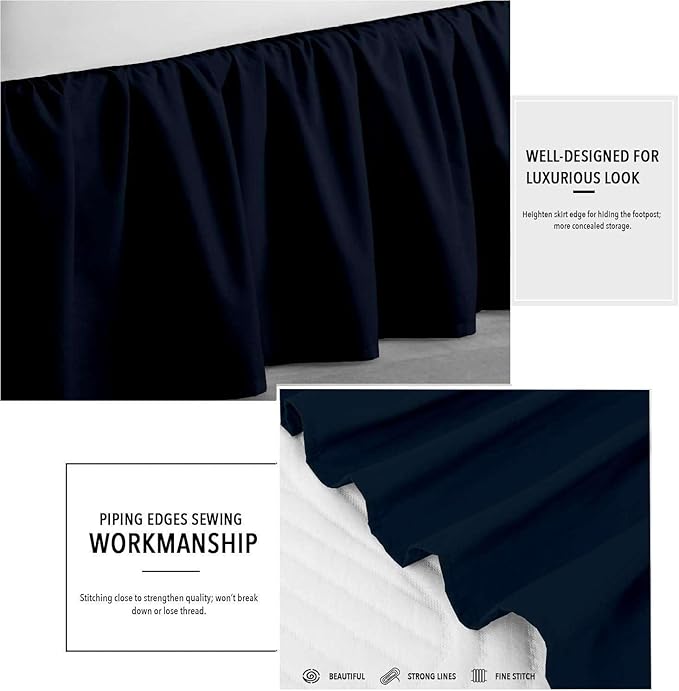 Navy Blue Solid Ruffled Bed Skirt Full-12 Inch Drop Split Corner, Microfiber Bedskirt with Platform Three Sided Coverage