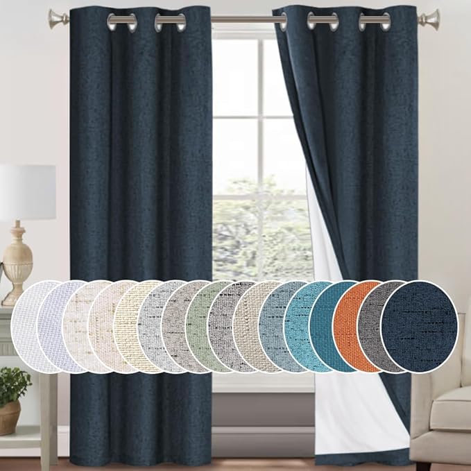 PrinceDeco Navy Blackout Curtains 84 Inches Long, 100% Light Blocking Thermal Insulated Room Darkening Curtains, Energy Saving Window Treatment Curtain Drapes, Burlap Fabric with White Liner,2 Panels