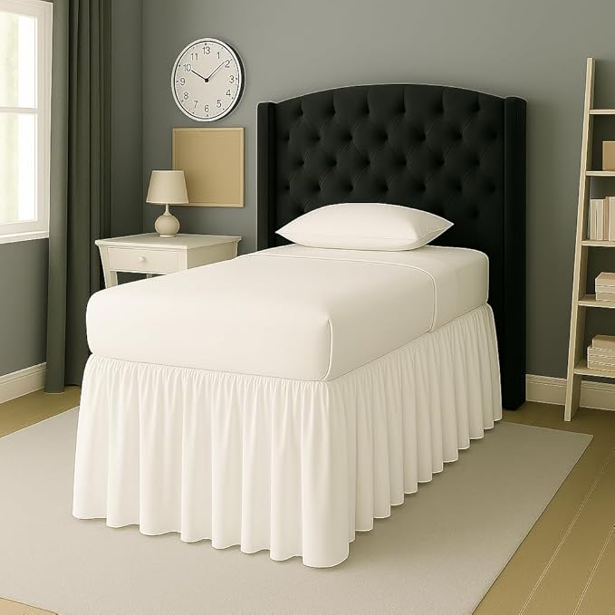 Cottingon Dorm Bed Skirt Twin XL 46" with Split Corners, 100% Microfiber Soft and Stylish, College Room Essential, Extra Long Dust Ruffle for Extended Beds, White