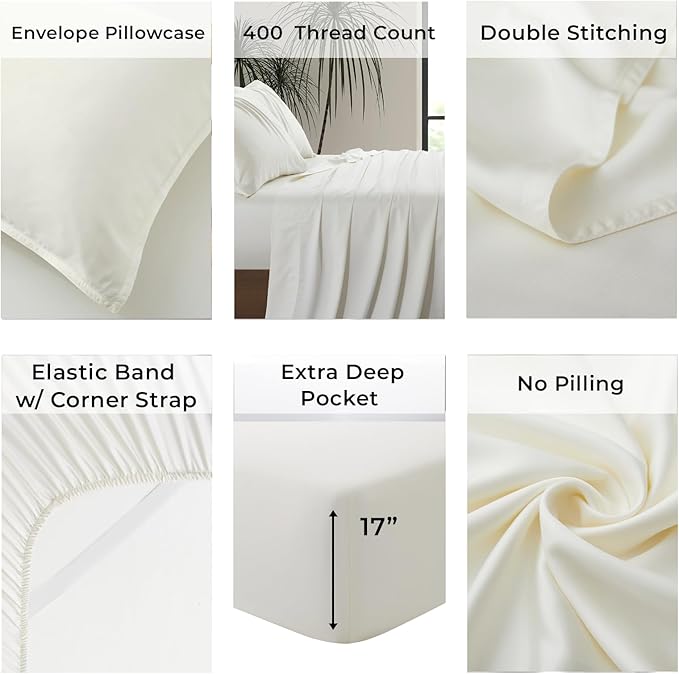 Split King Size Sheet Set | 2 Fitted Sheets for Sleep Number & Adjustable Beds | Organically Grown | Ultra Soft & Cooling |100% Viscose | 17" Deep Pocket [Ivory]