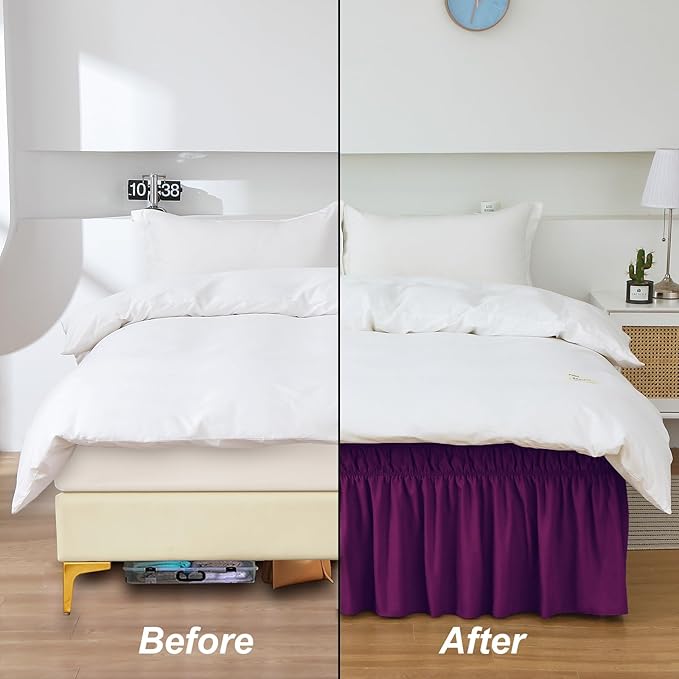 MEILA Wrap Around Bed Skirt Three Fabric Sides Elastic Dust Ruffled 24 Inch Tailored Drop,Easy to Install Fade Resistant-Purple, Queen/King