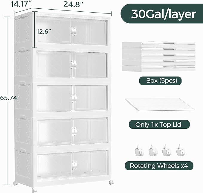 600QT Extra Large Stackable Storage Bins with Lid, 150Gal Collapsible Storage Box with Wheels and Doors, Plastic Closet Organizer and Storage Cabinet for Home Kitchen Office Dorm, 5Pack White