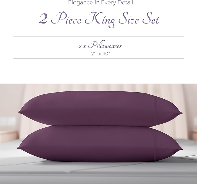 Carressa Linen 100% Egyptian Cotton King Size Pillow Cases Set of 2 - Luxury 600 Thread Count King Pillowcases (Plum), Silky Soft, Cooling, Breathable Sateen Weave Hotel Quality Bed Pillow Cover