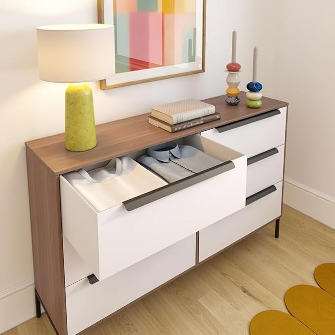 tinge Lira Premium Fabric Dresser - Solid Wooden Frame, 6 Spacious Sag-Proof Drawers with Sleek Metal Handles - Premium & Durable Storage Solution for Your Home (Dark Brown)