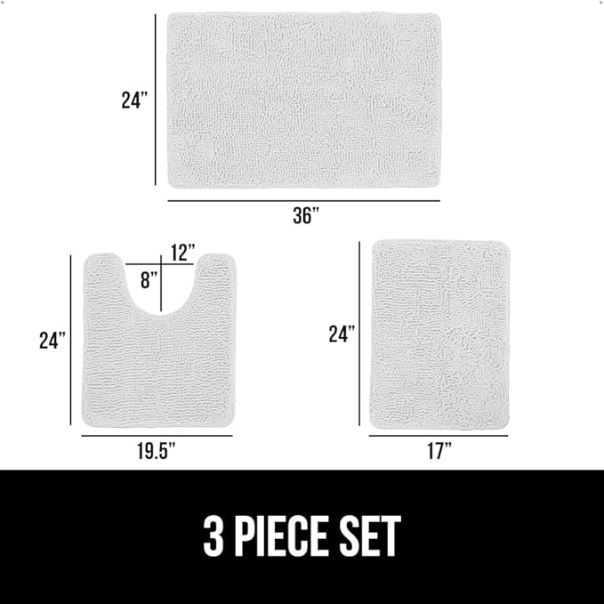 GORILLA GRIP Bathroom Rug Sets 3 Piece, Bath Mat Set and Oval Toilet Base with Rubber Backing, Plush Absorbent Shaggy Chenille Washable Mats, Includes 24x19.5, 24x17 and 36x24 Inch Rugs, White