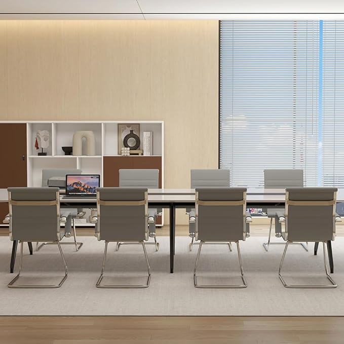 Wahson Office Guest Chairs Set of 8, Leather Reception Chairs, Mid Back Waiting Room Chair, Conference Chairs with Sled Base, Desk Chair No Wheels for Meeting/Lobby/Restroom, Grey