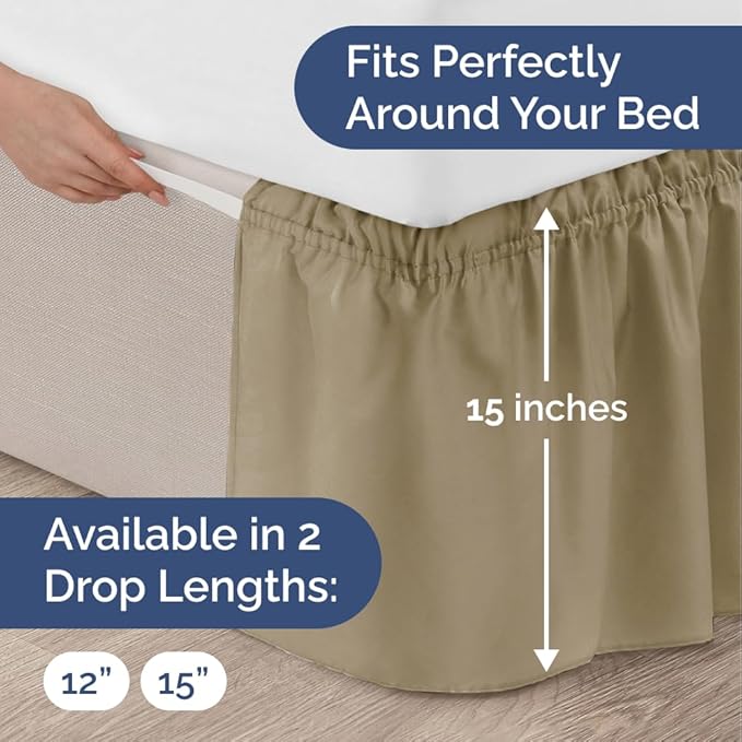 Wrap Around Dust Ruffle Bed Skirt - Khaki - for King Size Beds w/ 15 Inch Drop - Easy Fit Elastic Strap - Adjustable Pleated Bedskirt w/Brushed Fabric - Wrinkle Free - for Women, Men, Kids & Teens