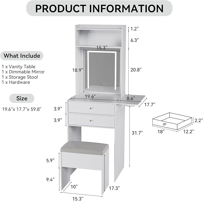 ARTETHYS Small Vanity Desk Set with 3 Adjustable Lighted Mirror and Storage Chair Mini Makeup Vanities Set for Compact Space White Dressing Table with Fold-up Panel for Bedroom