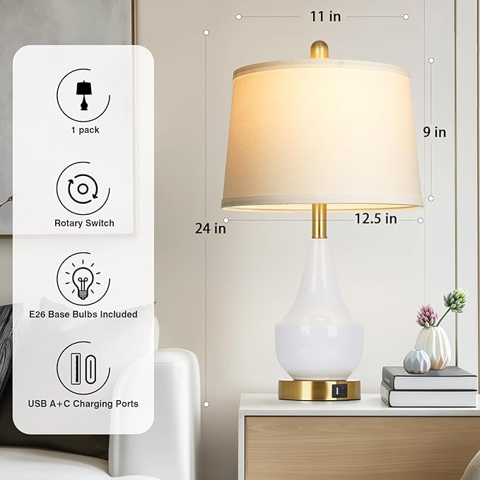 Modern White Table Lamp, 24" Ceramic Table Lamp with USB A+C Ports,Classic Beside Lamps Nightstand Lamp Modern Lamp for Living Room, Bedroom & Office -LED Bulbs Included
