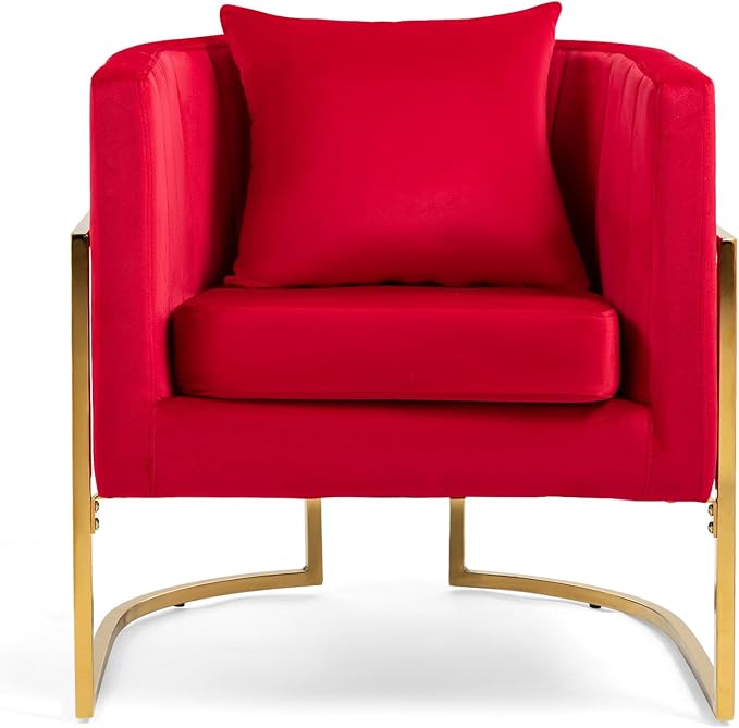 Velvet Modern Accent Chair, Upholstered Barrel Armchair Mid Century with Pillow for Living Room, Comfy Single Vanity Chair with Metal Gold Legs for Bedroom, Rose Red
