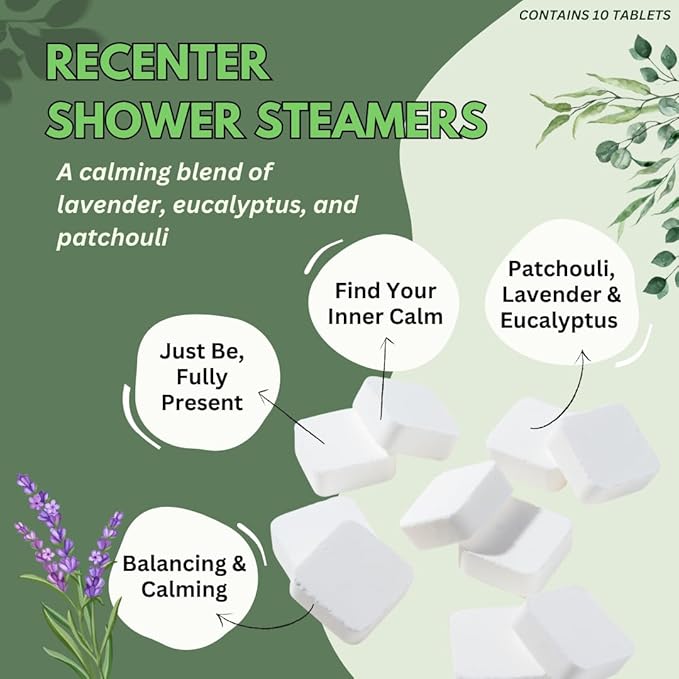 Recenter Shower Steamers Aromatherapy for Relaxing - Christmas Gift - Adult Stocking Stuffer - USA Made - Lavender & Eucalyptus Shower Bomb Tablets - Soothing Natural Essential Oils (10 Pack)