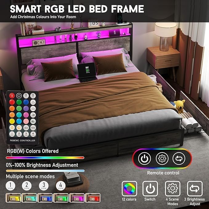 King Size Bed Frame with 4 Storage Drawers and Headboard with Charging Station and LED Lights,2 Tier Solid Wood Headboard Storage/Noise Free/No Box Spring Needed/Remote Control/Rustic Grey
