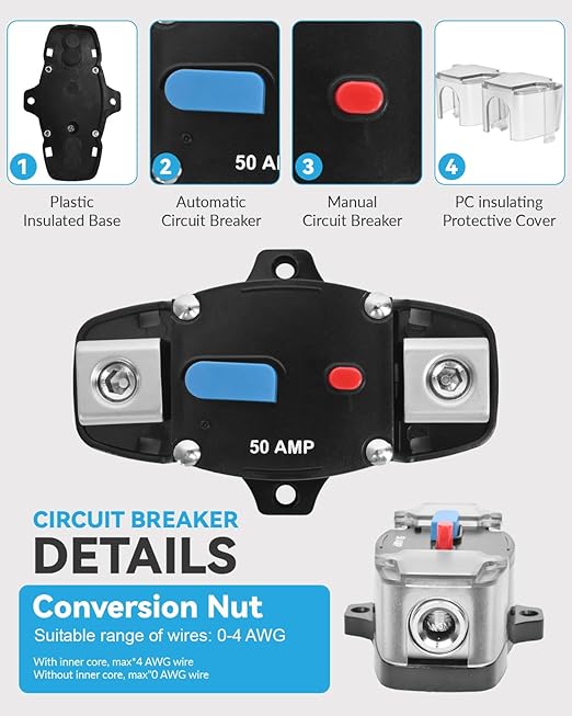 60A Resettable Circuit Breaker - 60 Amp Self Recovery with Manual Reset Button for Car Audio & Amps Protection