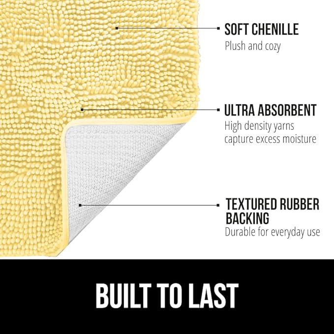 GORILLA GRIP Bath Rug Mat 30x20, Thick Soft Absorbent Chenille, Quick Dry Microfiber Mats, Rubber Backing Washable Shower Floor Rugs, Bathmat Runner, US Designed Bathroom Home Decor Accessories Yellow