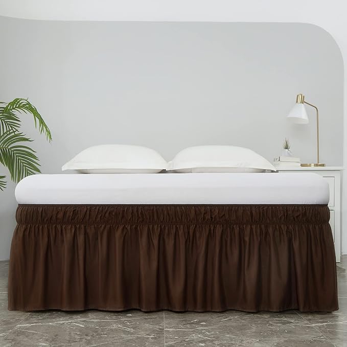 MEILA Wrap Around Bed Skirt Three Fabric Sides Elastic Dust Ruffled 24 Inch Tailored Drop,Easy to Install Fade Resistant-Brown, Twin/Full