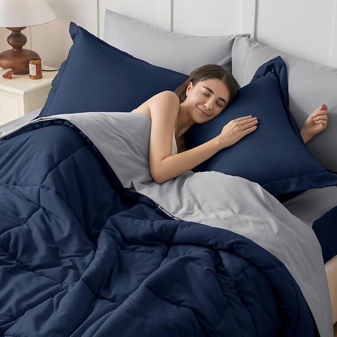 JOLLYVOGUE California King Comforter Set, Ultra-Soft Cal King Size Comforter Sets, 7-Piece Bed in a Bag, Goose Down Alternative, Oeko-TEX Certified, Sheets & Pillowcases, Navy Blue & Light Grey