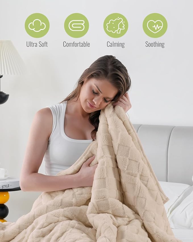Uttermara Sherpa Fleece Weighted Blanket Queen Size(20lbs, 60" x 80", Khaki), 3D Jacquard Checkered Warm Sherpa Heavy Blanket for Adults, Soft Fuzzy Weighted Blankets for Couch Bed Sofa