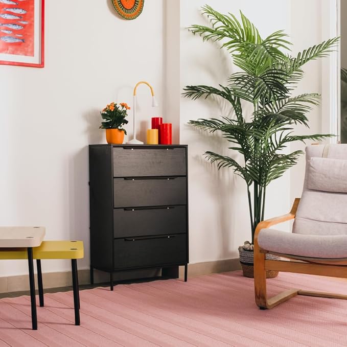 tinge Lira Premium Fabric Dresser - Solid Wooden Frame, 4 Spacious Sag-Proof Drawers with Sleek Metal Handles - Sleek & Durable Storage Solution for Your Home (Black)