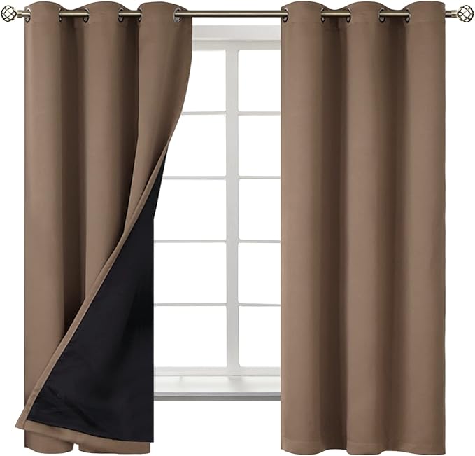 BGment Total Thermal Insulated 100% Blackout Curtains for Bedroom with Black Liner, Double Layer Full Room Darkening Noise Reducing Grommet Curtain (42 x 63 Inch, Taupe, 2 Panels)