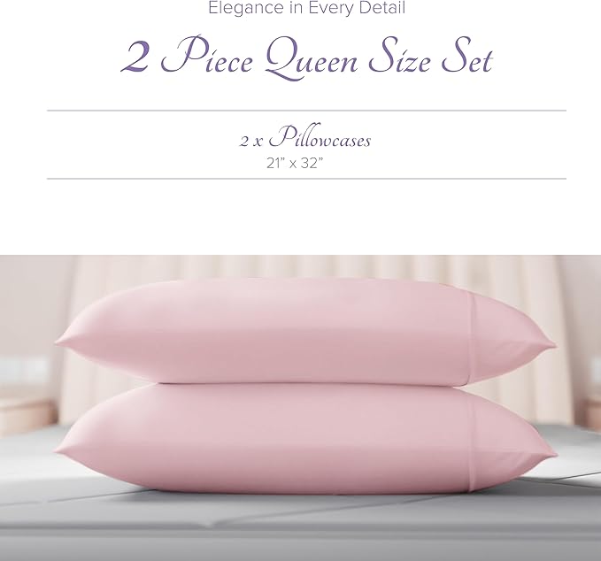 Carressa Linen 100% Egyptian Cotton Pillow Cases Queen Size Set of 2 - Luxury 600 Thread Count Blush Standard/Queen Size Pillowcases, Silky Soft, Cooling Sateen Weave Hotel Quality Bed Pillow Cover