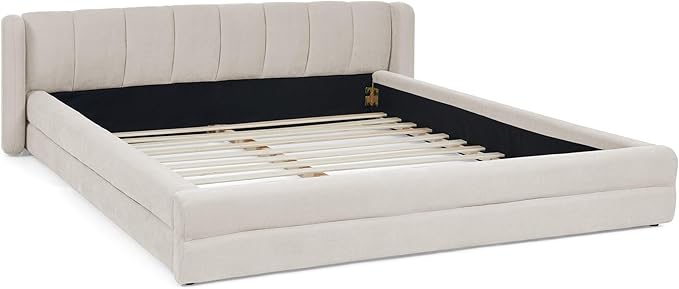 DEINPPA Queen Size Bed Frame with Cloud Soft Headboard, Chenille Upholstered Grounded Wood Base Bed Frame, No Box Spring Needed-Beige