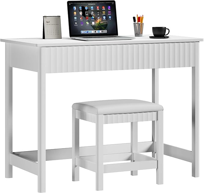 ChooChoo 40 Inch Modern Desk with Drawers, Makeup Vanity Desk with Padded Stool, Small Home Office Desk for Bedroom, White