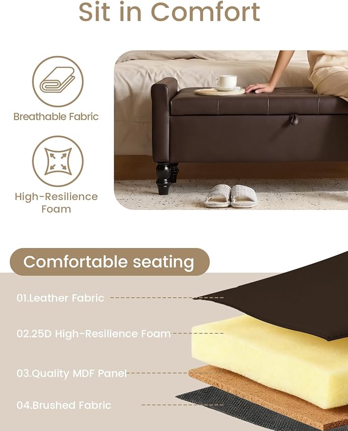 47" Storage Ottoman Bench, Faux Leather Upholstered Ottoman with Storage, End of Bed Bench for Bedroom, Living Room, Entryway, Window (Brown)