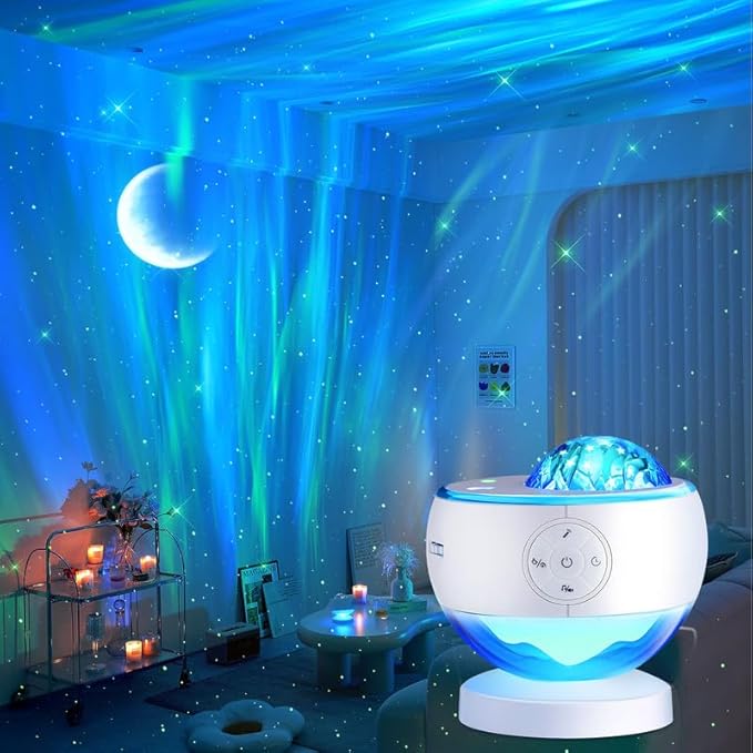 One Fire Northern Lights Projector,300+Color Modes Galaxy Projector for Bedroom, 15 White Noise Galaxy Light Projector, 5Moon Star Projector, Bluetooth Aurora Light Projector, Remote Timer Star Lights