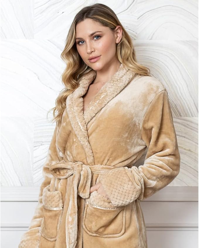 Lotus Linen Plush Robes for Women - Soft Bathrobe, Custom Monogram, Warm Fleece Robe with Pockets