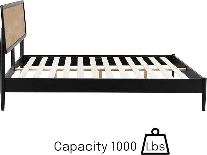 NTC Lupin Wooden Bed Frame with Headboard, Solid Oak and Rubber Wood Foundation with Silent Slats and Wood Central Supports, 1000 Lb Capacity, Effortless Assembly, King - Burnt Black