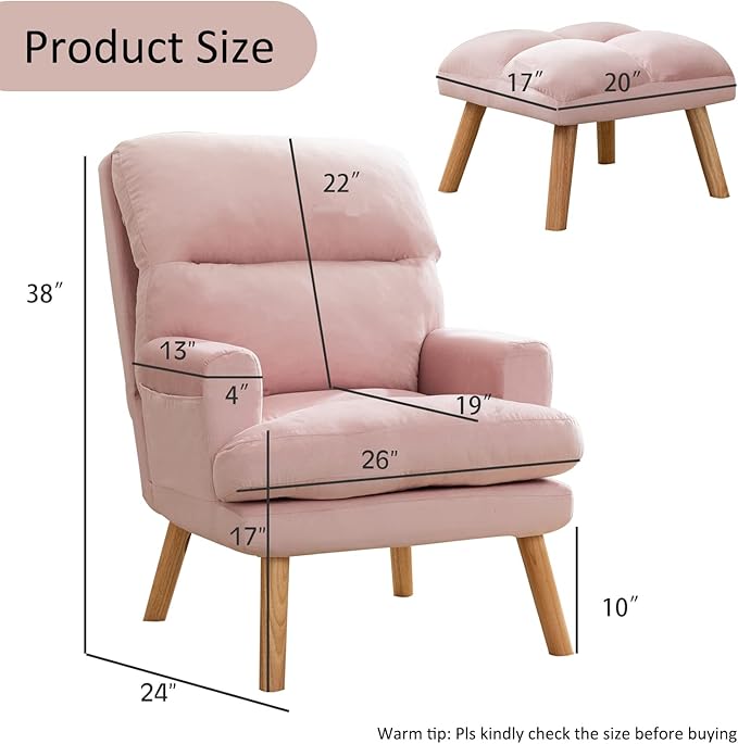 INZOY Accent Chairs with Ottoman, Modern Comfy Chair with Adjustable Backrest and Side Pockets, Velvet Fabric Armchair with Ottoman for Bedroom Living Room (Pink)