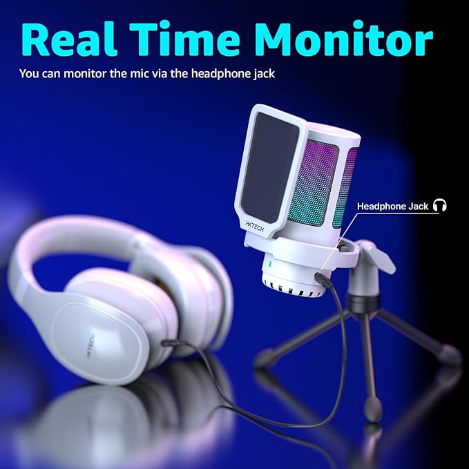 IXTECH USB Gaming Microphone for PC, RGB Condenser Microphone with Tripod Stand, Pop Filter, Rotate Gain Button, and Quick Mute, Noise Cancellation Computer Mic for Streaming, Gaming, Podcasting