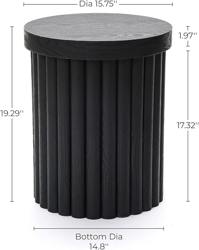 LuxenHome Wood Round Side Table, 19" Fluted End Table for Small Spaces, Mid Century Modern Black Wooden Accent Tables, Small Bedside Table, Couch Side Table, Nightstand for Living Room Bedroom Couch