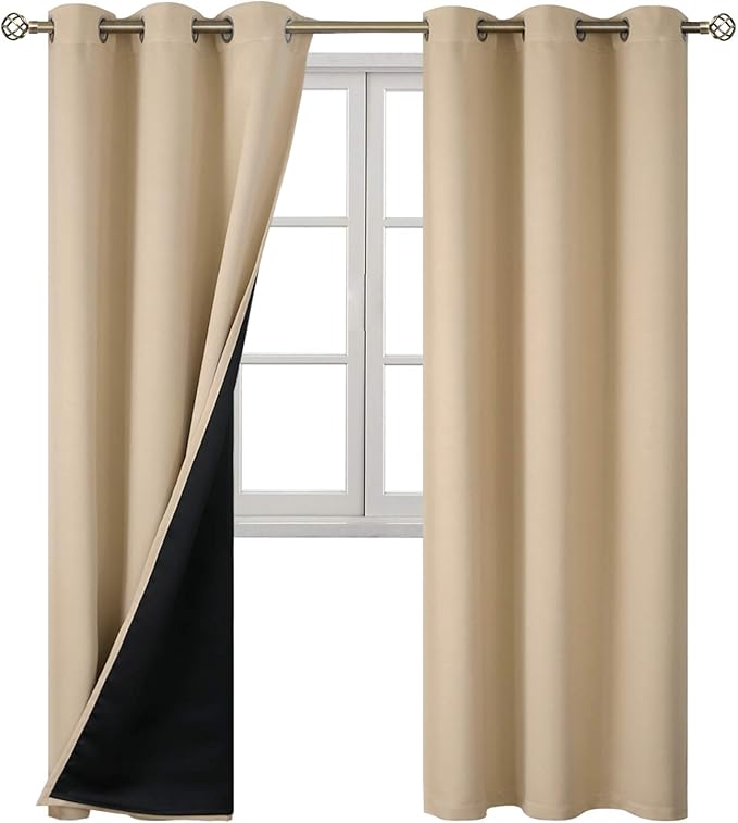 BGment Thermal Insulated 100% Blackout Curtains for Bedroom with Black Liner, Double Layer Full Room Darkening Noise Reducing Grommet Curtain (42 x 84 Inch, Beige, 2 Panels)