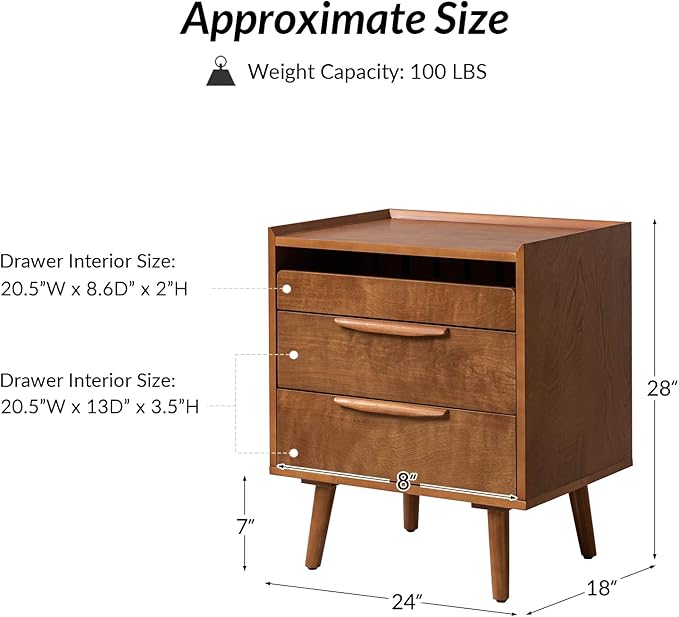 HULALA HOME 2 Drawer End Table with Pull-Out Shelf, Mid-Century Modern End Table with Wood Legs, Wood Side Table with Charging Station(Acorn, Set of 2)