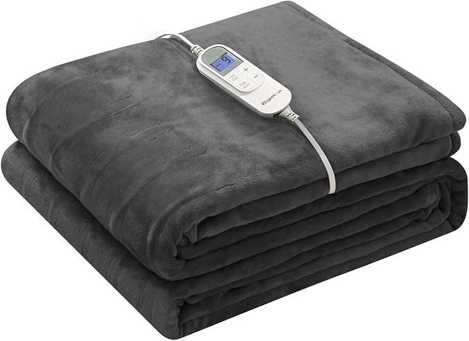Wapaneus Heated Blanket Electric Throw 72" x 84" Full Size with 10 Heating Levels 12 Hours Time Setings and Auto-Shut Off, Flannel Fast-Heating Electric Blanket, Dark Grey