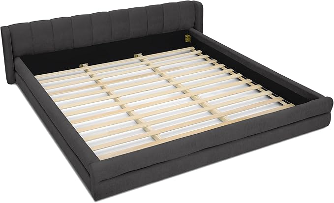 DEINPPA King Size Bed Frame with Cloud Soft Headboard, Chenille Upholstered Grounded Wood Base Bed Frame, No Box Spring Needed-Dark Grey