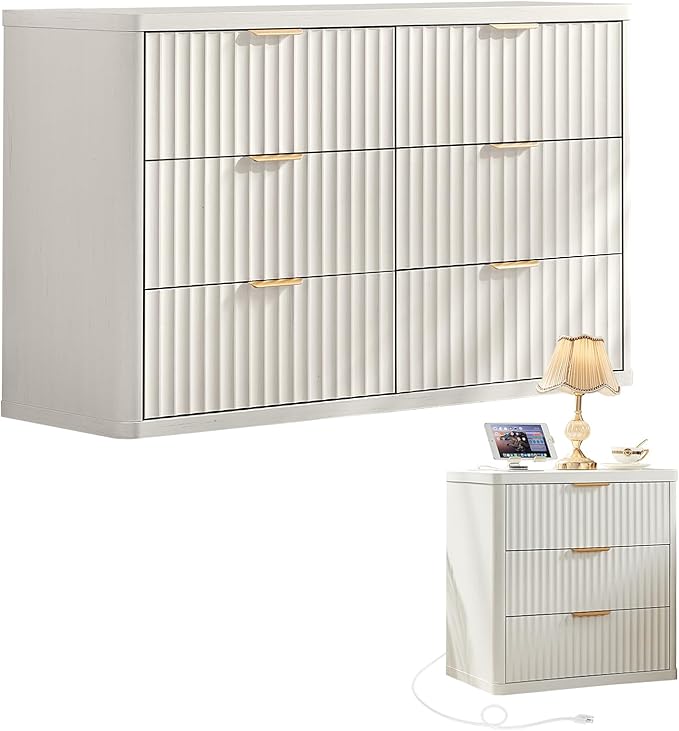 LEYAOYAO Fluted Dresser and Nightstand Sets, Wood 48" Wide Dresser & 23" Night Stand with Charging Station, 2 Piece Bedroom Furniture Set, Chest of Drawers for Bedroom,Living Room, Antique White