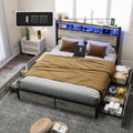 Full Size Bed Frame with 4 Storage Drawers and Headboard with Charging Station and LED Lights,2 Tier Solid Wood Headboard Storage/Noise Free/No Box Spring Needed/Remote Control/Rustic Grey