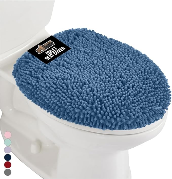 GORILLA GRIP Soft Chenille Bathroom Toilet Lid Cover, Machine Washable Seat Covers, 19.5x18.5, Stays in Place Rubber Backing, Fits Most Round, Elongated and Oblong Lids, Accessories Decor, Blue