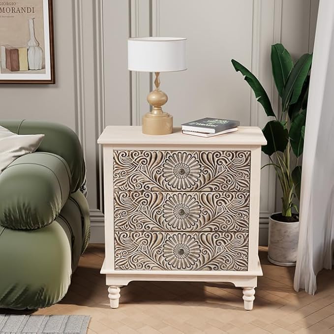 COSIEST Bedside Table Set of 2, Wood Nightstand 3 Drawers, Farmhouse End Table with Storage, Dresser with Drawers for Bedroom, Living Room