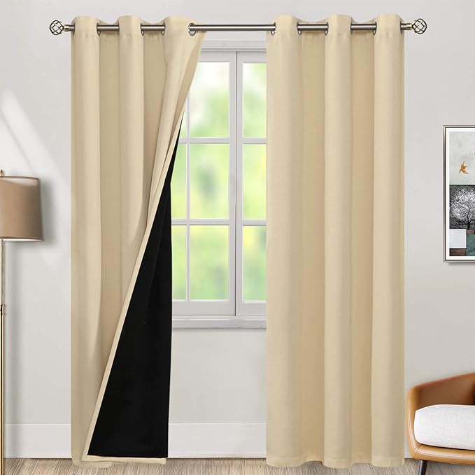 BGment Thermal Insulated 100% Blackout Curtains for Bedroom with Black Liner, Double Layer Full Room Darkening Noise Reducing Grommet Curtain (42 x 84 Inch, Natural, 2 Panels)