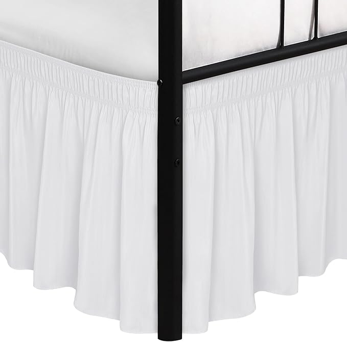 Biscaynebay Wrap Around Bed Skirts with Split Corners for Queen Beds 12" Drop, White Adjustable Elastic Dust Ruffles Easy Fit Wrinkle & Fade Resistant Silky Luxurious Fabric Machine Washable