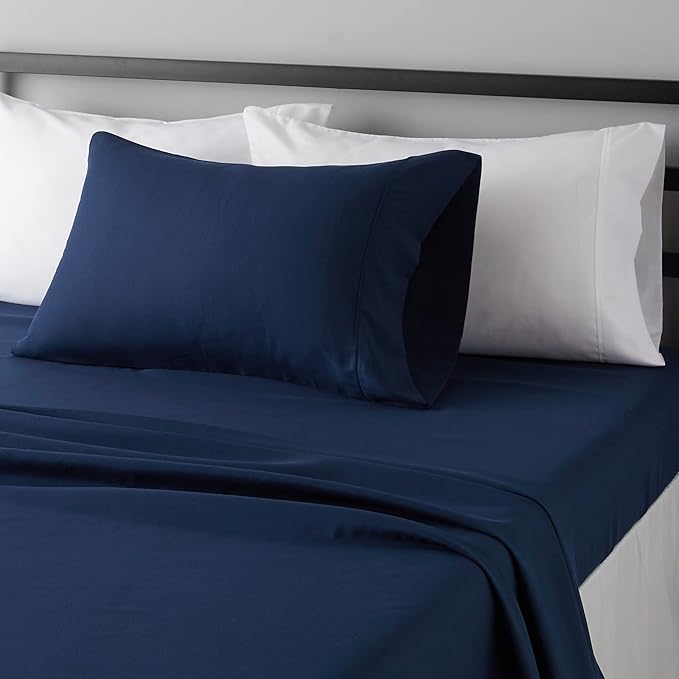 Amazon Basics Lightweight Super Soft Luxury Wrinkle Free Breathable Microfiber 3 Piece Fitted Sheet Set with 14-Inch Deep Pockets, Twin XL, Navy Blue, Solid