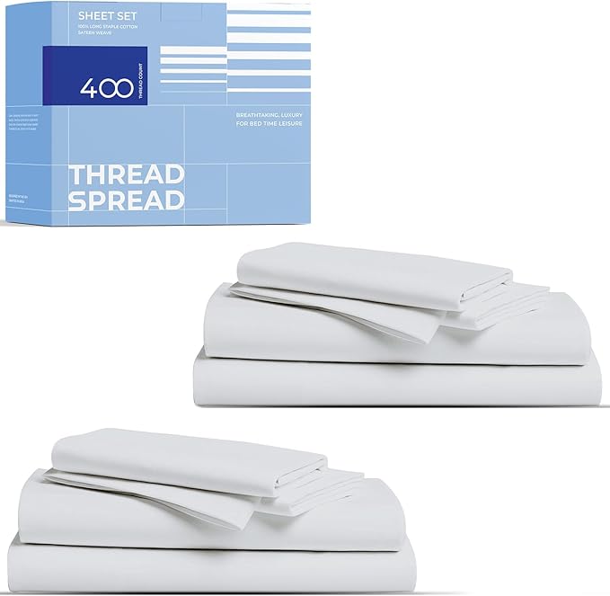 THREAD SPREAD 2-Pack Queen Size Sheets Set - 400 Thread Count 100% Cotton Sateen Weave - Extra Soft, Breathable, Hotel Quality Cooling Sheets, 2 Sets of Queen Size Deep Pocket Bed Sheets (Silver Grey)