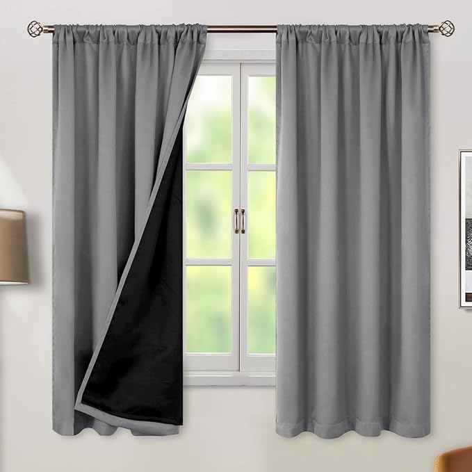 BGment 100% Blackout Curtains for Bedroom 63 Inch Length 2 Panels, Thermal Insulated Room Darkening Curtains Rod Pocket Soundproof Bedroom Living Room Window Curtains, Dove Grey, Each 52 Inch Wide