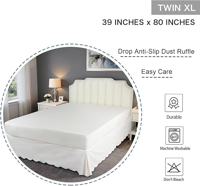 HIG Off-White Chic Twin XL Bed Skirt - Easy Fit Scallop Edge Pleated Bedskirts, 14 Inch Drop Anti-Slip Dust Ruffle, Thick Fabric for Enhanced Privacy, Pre-Washed for Long-Lasting Use(N60022)