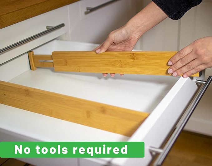 Adjustable Bamboo Drawer Dividers Organizers Expandable (12-16") Kitchen Drawer Organizer Spring Loaded for Kitchen, Dresser, Bathroom, Bedroom, Desk 6-pack Small