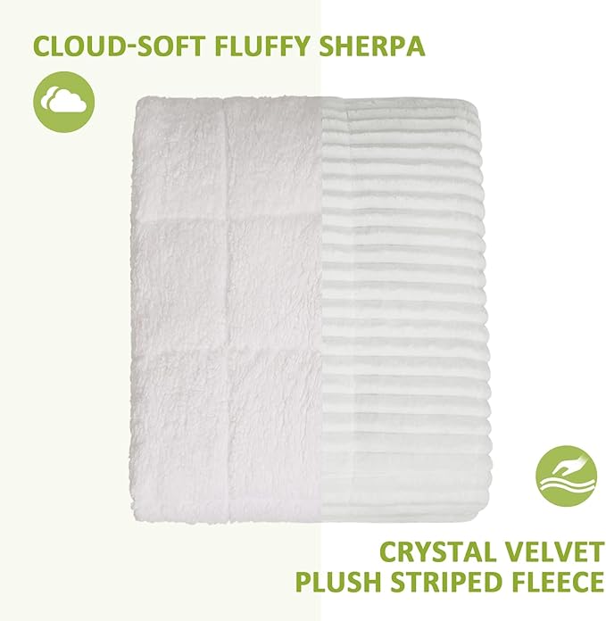 Uttermara Weighted Blanket for Adults Queen Size 20lbs, Striped Ribbed Fuzzy Heavy Blanket, Dual-Sided Ultra Cozy Sherpa & Super Soft Flannel for Sleep, 60x80 Inches, White